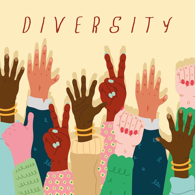 Group of diversity hands humans up and lettering  illustration