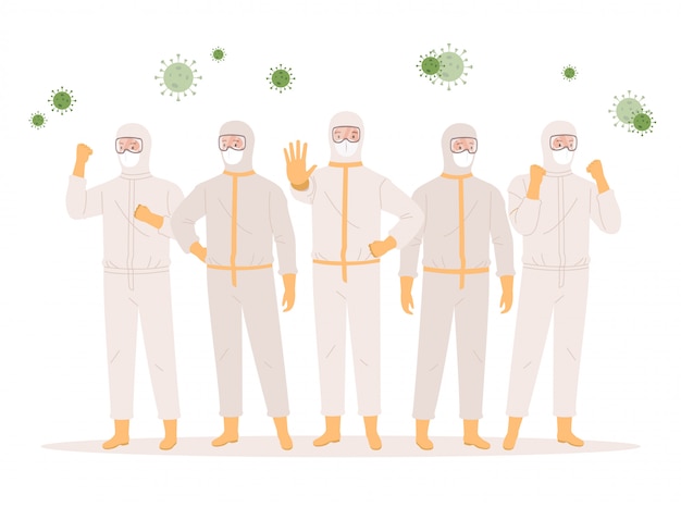 Un gruppo di medici o operatori sanitari in tute protettive, occhiali e maschere mediche. concetto di protezione del coronavirus. illustrazione in uno stile piatto