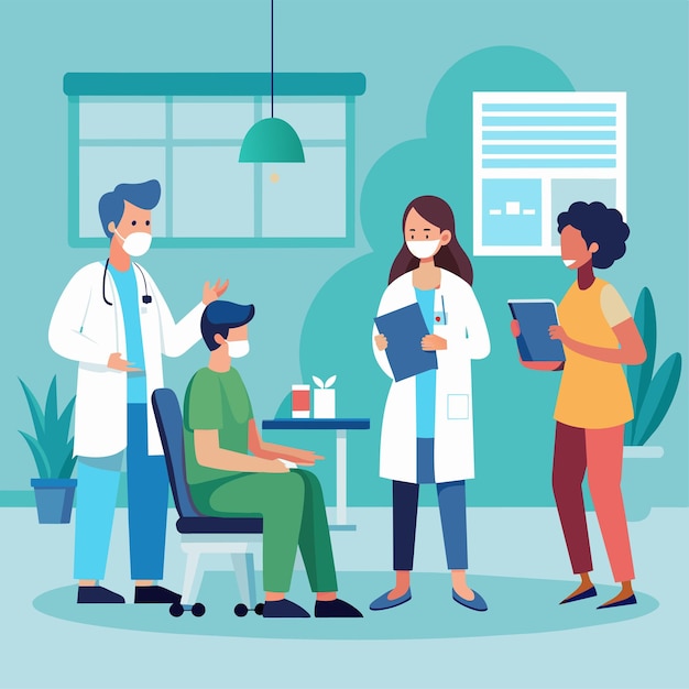 group of doctors and nurses gathered around a table engaged in a discussion at the hospital doctors and nurses are discussing in the hospital room simple and minimalist flat vector illustration