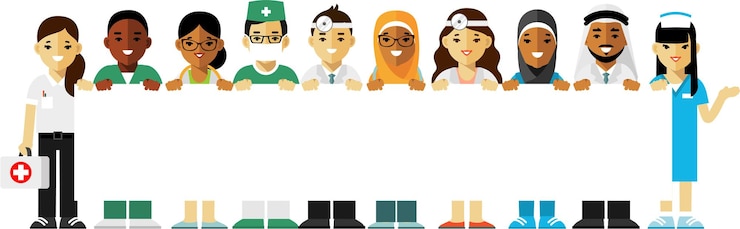 Vector group of doctors, nurses, medical staff holding empty banner