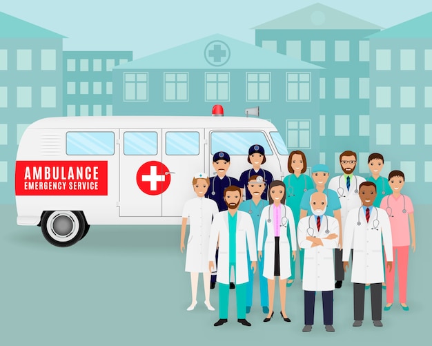 Группа врачей и медсестер на фоне ретро автомобилей скорой помощи. Сотрудник скорой медицинской помощи.