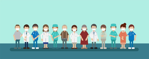 Group of doctors with patients wear masks flat design vector illustration