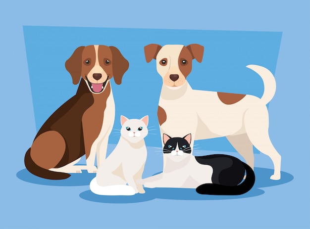 Vector group of dogs with cats icons