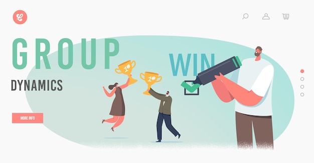 Vector group dynamics, business solution for benefit landing page template. happy businesspeople characters rejoice with golden cups in hands, man signing win win contract. cartoon people vector illustration