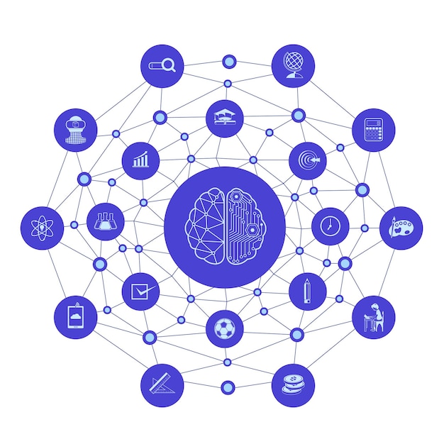 Group of education icons with line polygon background