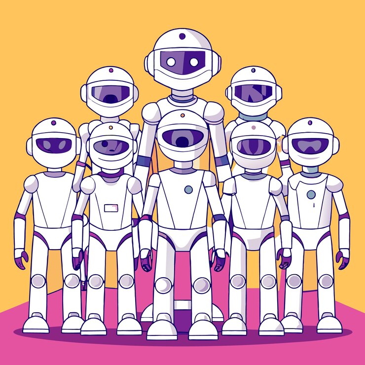 Vector a group of eight white robots standing in a row on a pink and yellow background