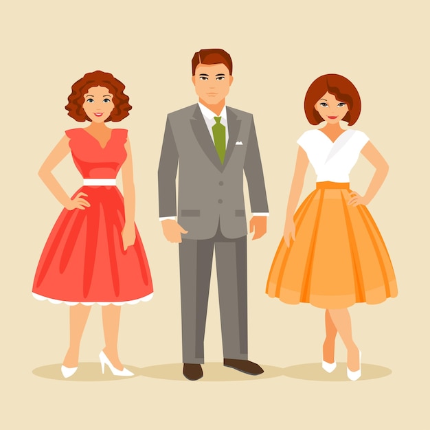 Group of elegant people dressed in fashion 1950. Vector illustration