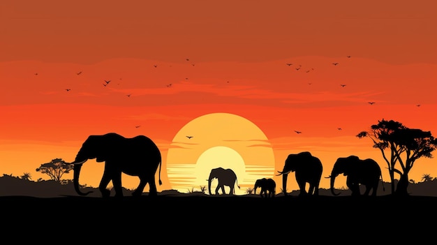 Vector a group of elephants are walking in the sunset