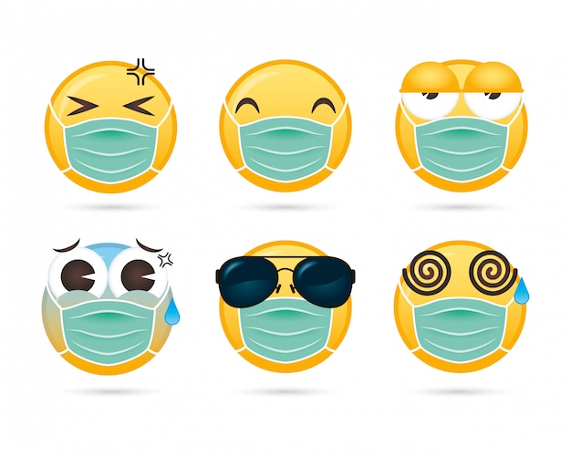 Gruppo di facce emoji che utilizzano maschere mediche personaggi divertenti