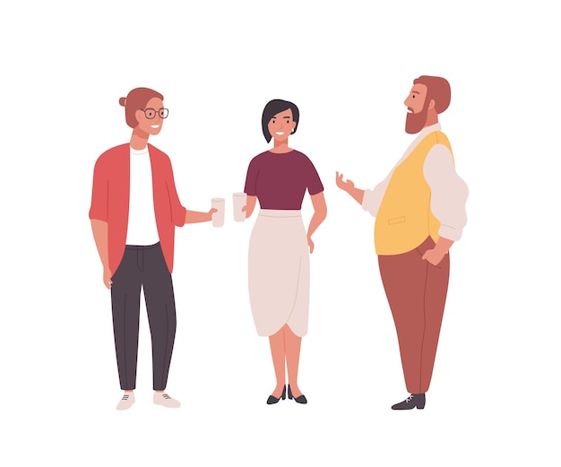 Group of employees, clerks or office workers. Funny men and women standing together and talking. Professional conversation among colleagues during coffee break. Flat cartoon vector illustration.