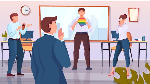 Vector group of employees expressing disagreement and dislike towards male person with the lgbt symbol flat illustration