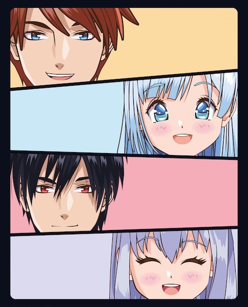 Gruppo di volti giovani personaggi in stile anime illustrazione vettoriale design