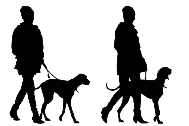 Vector group of fashion model business silhouettes with dog