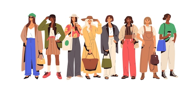 Group of fashion people in trendy outfits. Young stylish women wearing modern casual summer clothes and accessories. Colored flat graphic vector illustration of fashionable looks isolated on white.