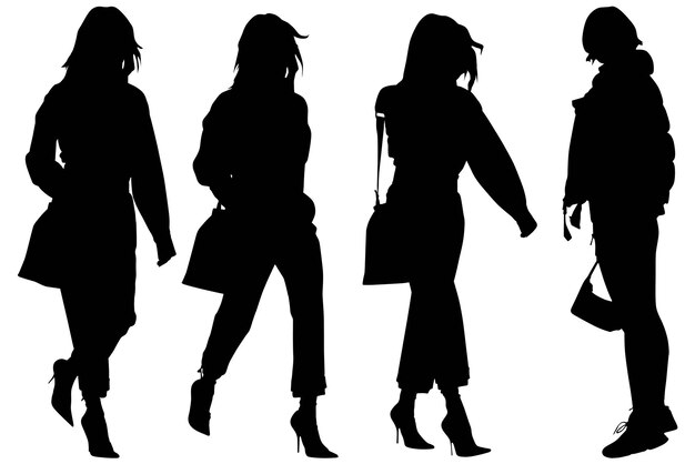 Vector group of the fashionable business silhouette girls with bag