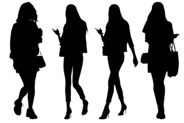 Vettore gruppo di borse della spesa alla moda con silhouette girls