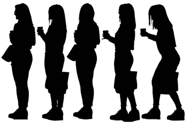 Group of fashionable silhouette girls with bag