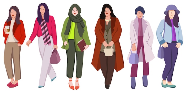 Group of fashionable women standing together vector flat illustration