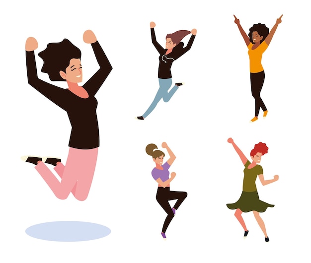 Vector group female people jumping and dancing celebrating set