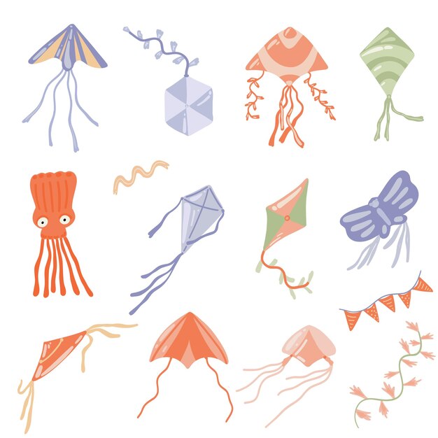 Group of flat designed kites and ribbons