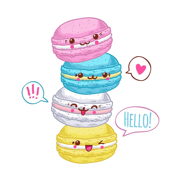 Gruppo di quattro simpatici macarons kawaii.