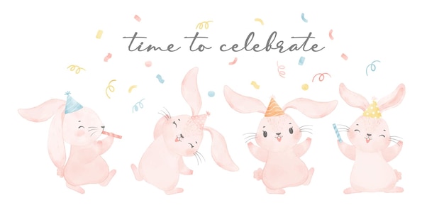 Group of four cute pink bunnies celebrating in party let's celebrate watercolor nursery animal hand draw illustration isolated on white background