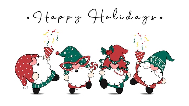 Group of four happy cute Christmas gnomes in party theme Happy Holidays cartoon hand drawn doodle