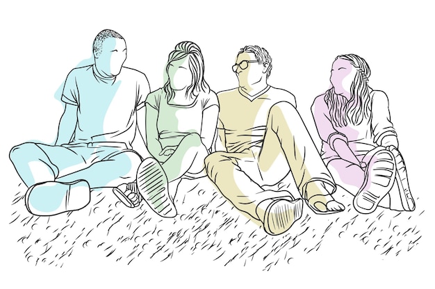 Group of four male and female friends hanging out laughing sitting outside on the ground line draw