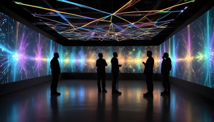 Vector a group of four people stand silhouetted in a darkened room looking at a large screen that displays vibrant colorful and abstract patterns of light and energy