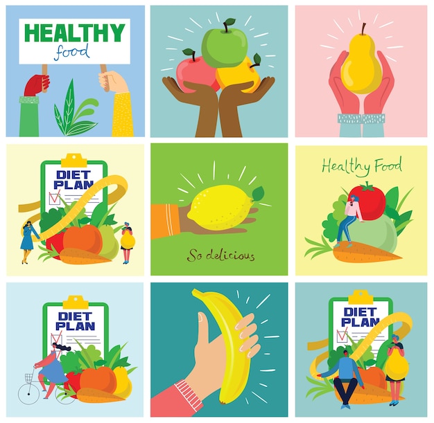 Group of fresh fruit with hands. dieting concept. vector illustrations in the flat style