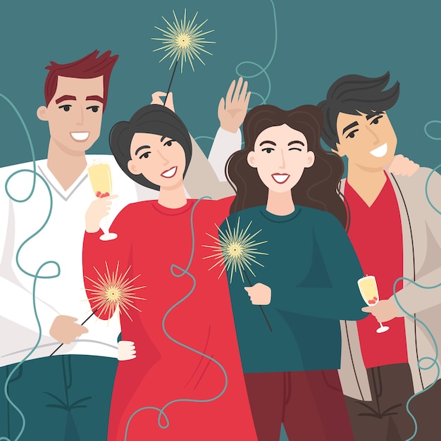 Группа друзей празднует Новый год и держит бенгальские огни