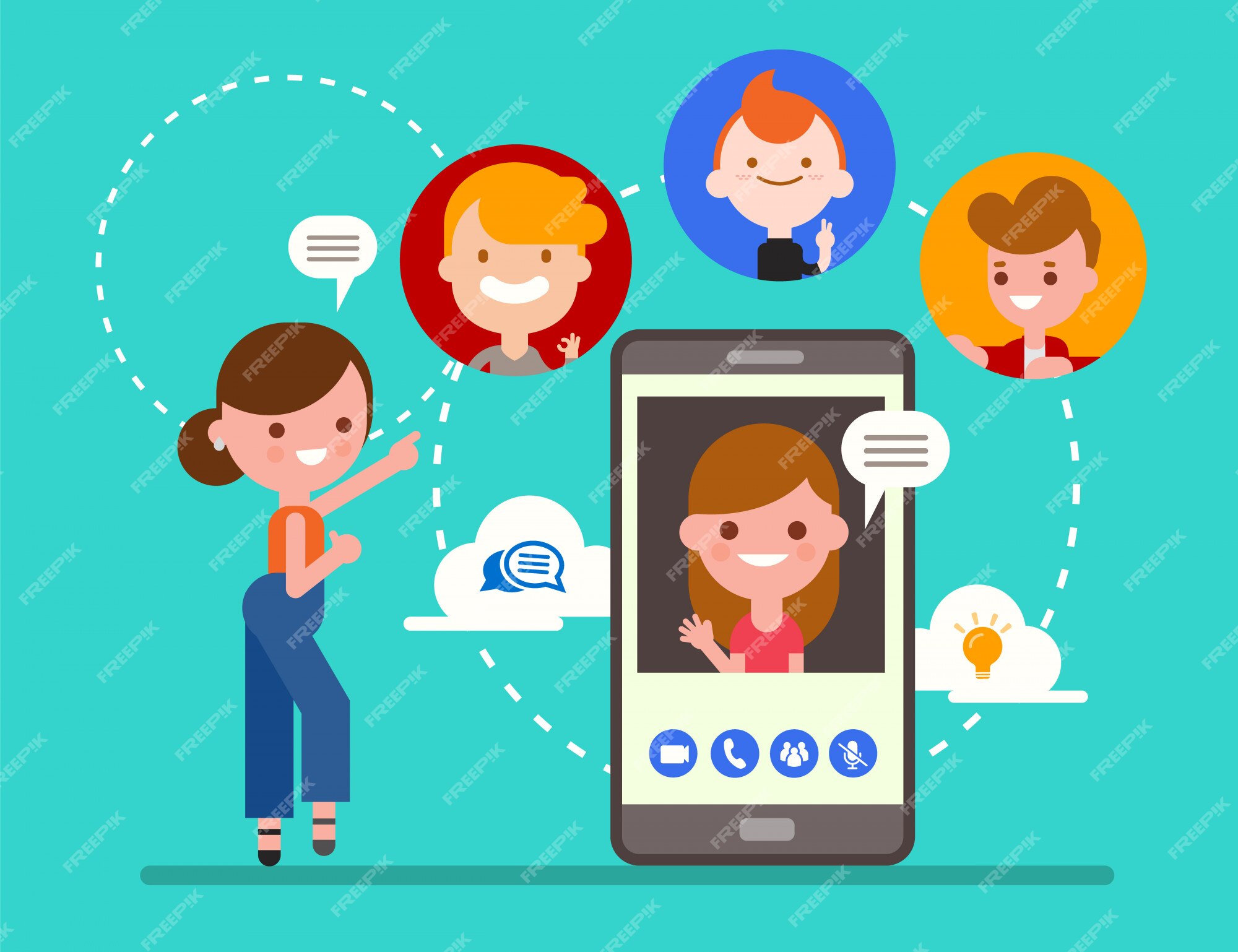 Premium Vector | Group of friends chatting online by video call app with  smartphone. social media technology concept illustration. flat design style  cartoon character.