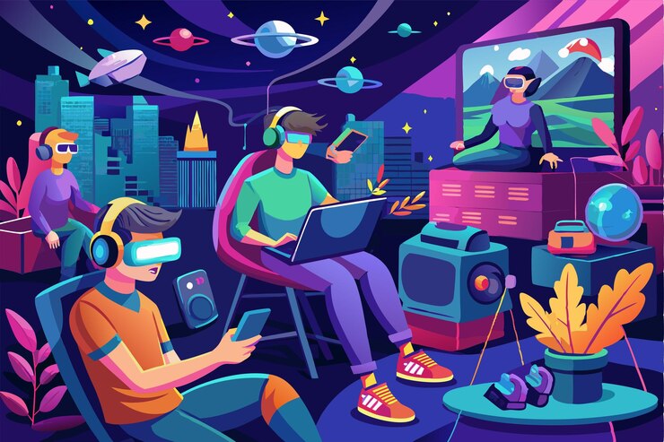 Вектор группа друзей занимается различными игровыми видами деятельности в метаверсе ночью, используя vr и устройства видеоигры в метаверси досуге в виртуальной реальности
