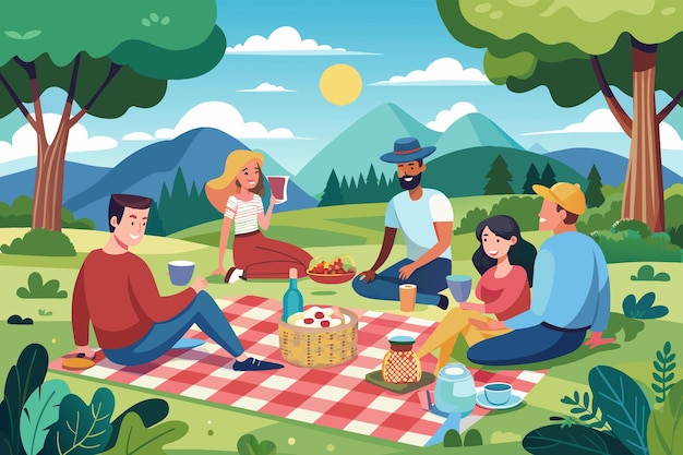 A group of friends having a picnic in a flowerfilled meadow