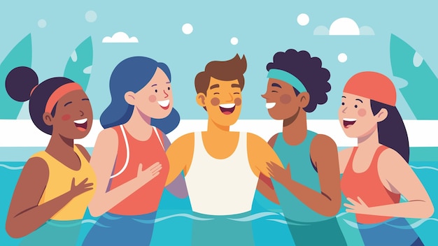 A group of friends laughing and chatting as they enjoy a fun and inclusive aqua aerobics class