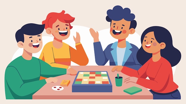 Vector a group of friends play a board game laughing and joking together their fun not dependent on