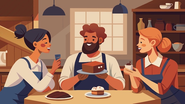 A group of friends sits in a rustic farmhouse kitchen enjoying a slice of rich chocolatey cake