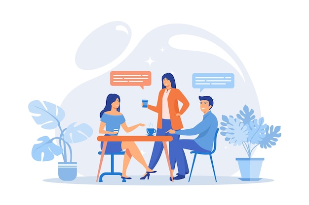 group of friends sitting at the table talking, drinking coffee and tea, tiny people. friends meeting