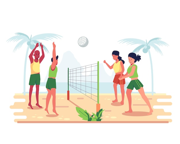 Vector group of friends spend their holidays on the beach playing volleyball.