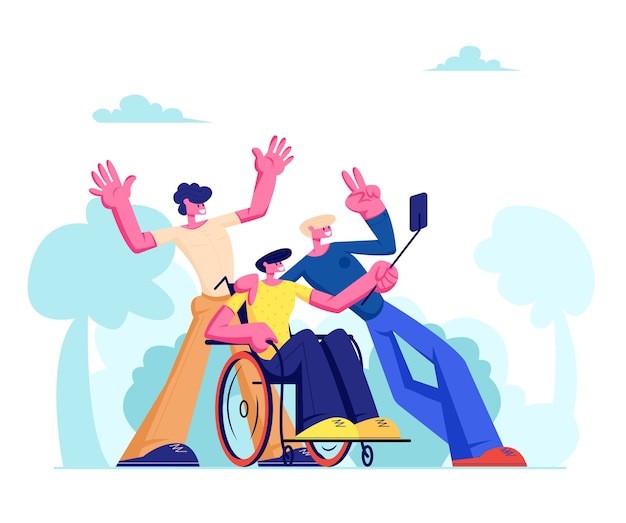 Gruppo di amici con uomo disabile in sedia a rotelle