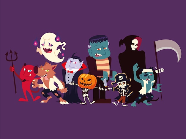 Group of funny characters for hallowwen