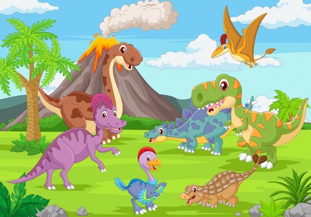 Vettore gruppo di dinosauri divertenti nella giungla