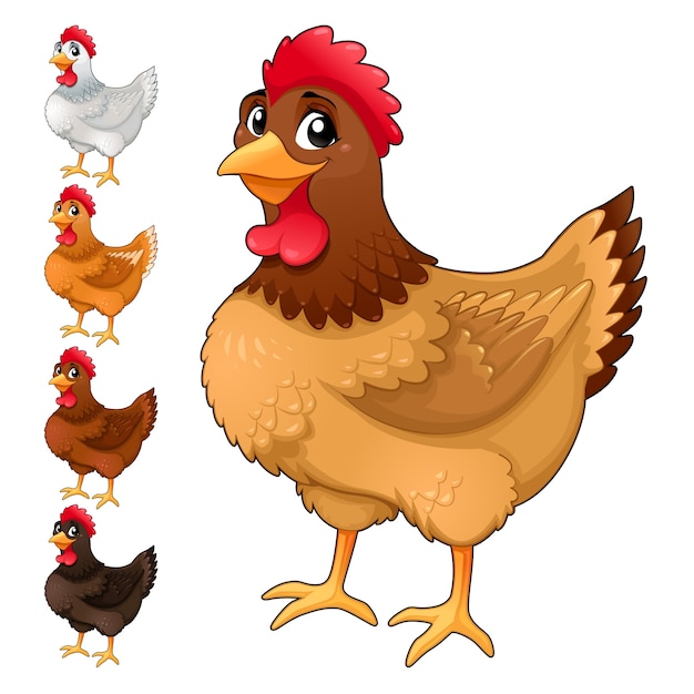 Vector group of funny hens in different colors