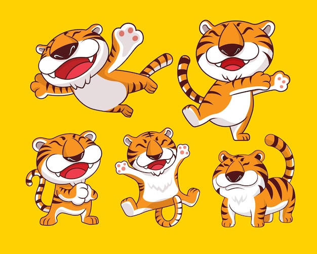 Группа забавных мультяшных тигров в разных позах