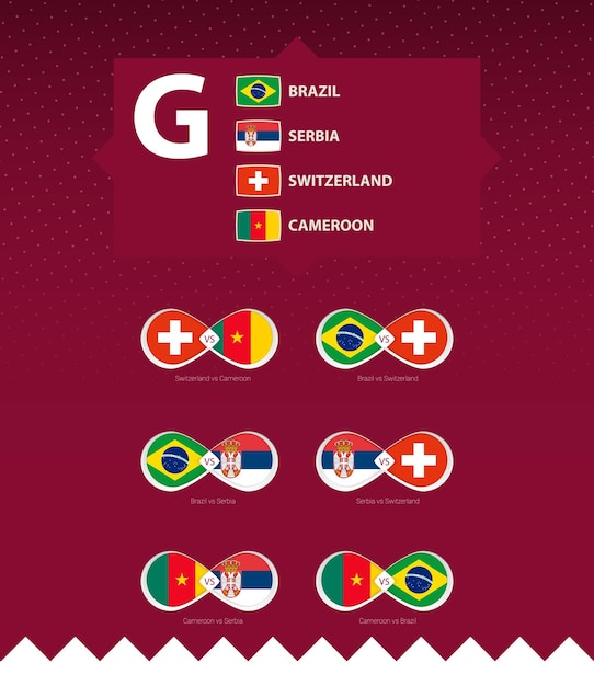 Group g of football tournament flags and match icon set