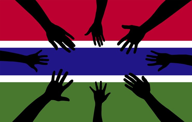 Vector group of gambia people gathering hands vector silhouette unity or support idea