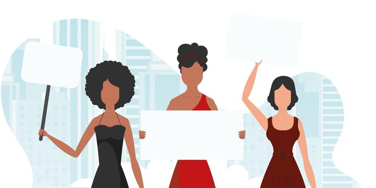 Vector a group of girls are protesting banner in blue tones cute illustration in flat style