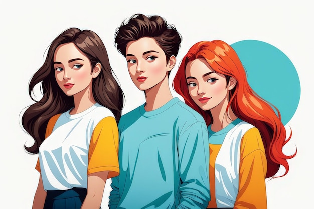 Gruppo di ragazze amiche con abiti casuali e acconciature casuali vettori colorati illustra