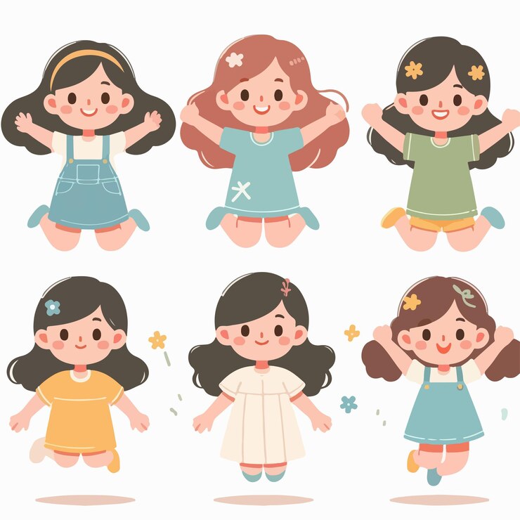 Vector 한 무리의 소녀들이 행복하게 뛰어다니고 있습니다.