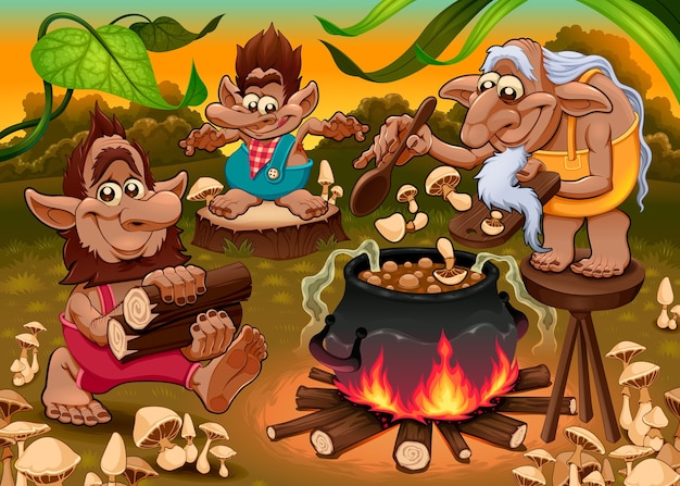 Un gruppo di gnomi sta cucinando una zuppa di funghi. .